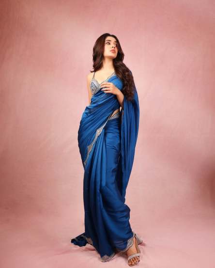 south actress krithi shetty, krithi shetty in blue saree photos, krithi shetty saree look