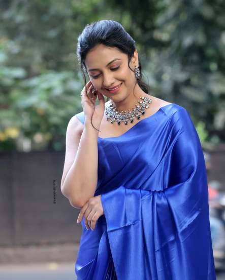 Tejashri Pradhan Blue Satin Saree