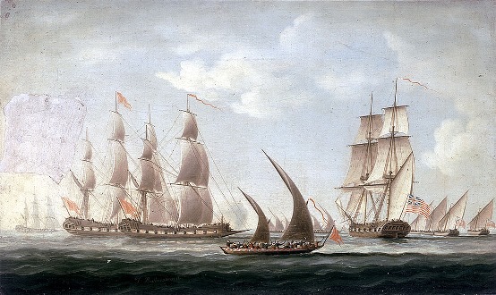 Mahratta Grabs and Gallivats attacking the sloop Aurora of the Bombay Marine." by Thomas Buttersworth c.1812 (Wikipedia)