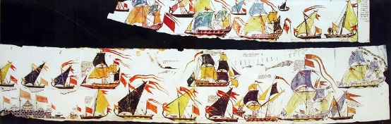 A painted scroll showing Gurab, Galbat and other types of warships of the Maratha Navy (Wikipedia)