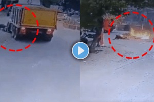 Truck and bike accident bike rider caught fire in telangana shocking accident video viral