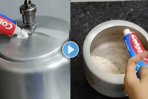 How to clean pressure cooker stains burnt stains removal at home using colgate kitchen jugaad