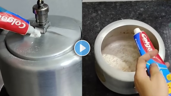 How to clean pressure cooker stains burnt stains removal at home using colgate kitchen jugaad