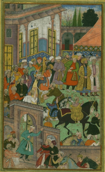 A folio from the Baburnama: An awards ceremony in Sultan Ibrāhīm Lodi's court before an expedition to Sambhal in the early 16th century.

