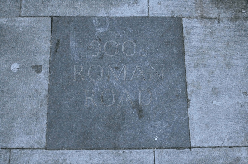 A paving stone on Kilburn High Road in London commemorates the route of Watling Street. (The date is incorrect.)

