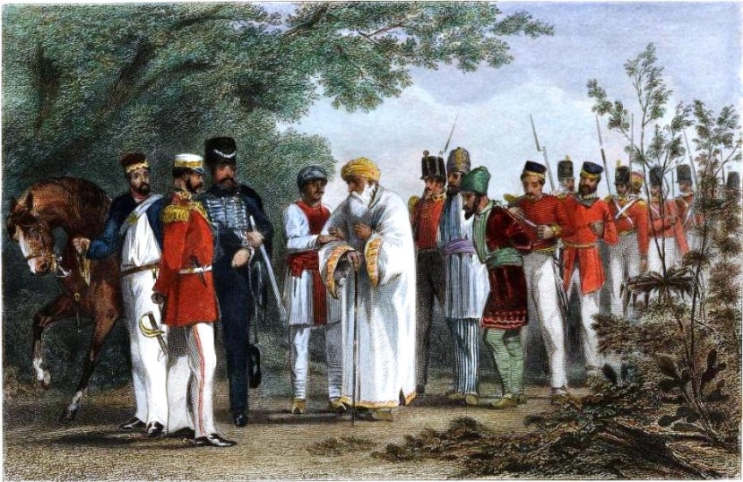 Capture of the emperor and his sons by William Hodson at Humayun's tomb on 20 September 1857