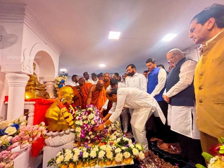 chief minister Devendra fadanvis dcm Eknath shinde and ajit pawar pays tribute to dr Babasaheb Ambedkar on mahaparinirvan diwas at chaityabhoomi