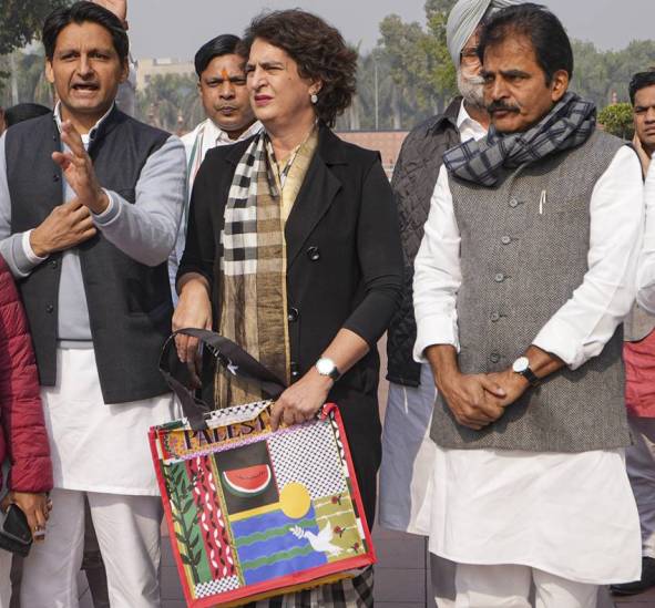 Priyanka Gandhi carries bag with Palestine written 