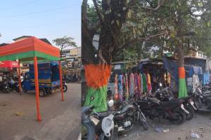 colors of bjp flag used on trees and tents at various locations build for marathon