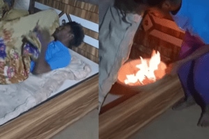 Young man jugaad to protect against cold put fire vessel under bed viral video on social media