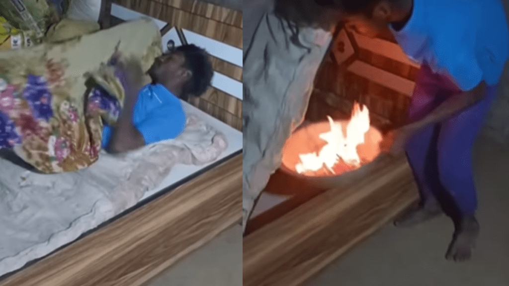 Young man jugaad to protect against cold put fire vessel under bed viral video on social media