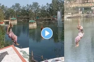 an old lady enjoying Ropeway by wearing nauwari