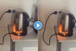 Shocking Video of Kettle caught fire while boiling the water viral video on social media