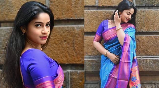 Prapti Redkar Shares pictures on social media in blue paithani saree