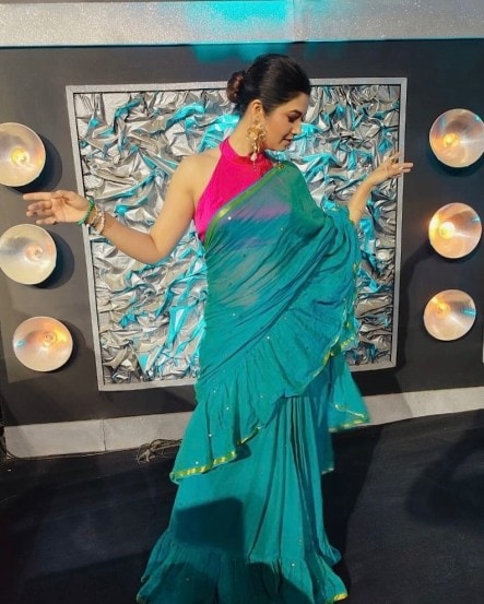 prajakta mali In Peacock color saree