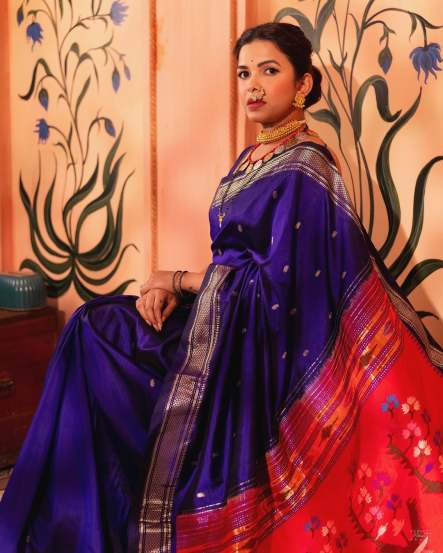 Mitali Mayekar In Purple Paithani Saree for the Premiere of Fussclass Dabhade In Pune. 