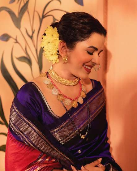 Mitali Mayekar In Purple Paithani Saree for the Premiere of Fussclass Dabhade In Pune. 