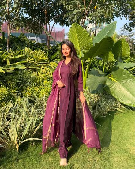 Actor Anushka Sen shares stunning pictures on social media in purple kurta set