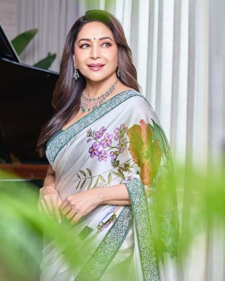 Bollywood star Madhuri Dixit shares bold look in grey floral saree on social media