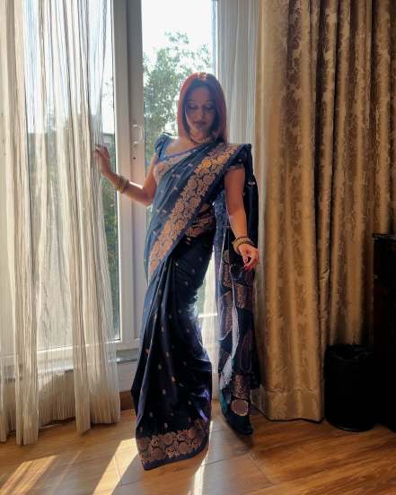 Manasi Naik shares traditional look pictures in Blue Banarasi Silk saree on social media