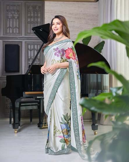 Bollywood star Madhuri Dixit shares bold look in grey floral saree on social media