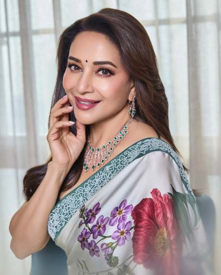 Bollywood star Madhuri Dixit shares bold look in grey floral saree on social media