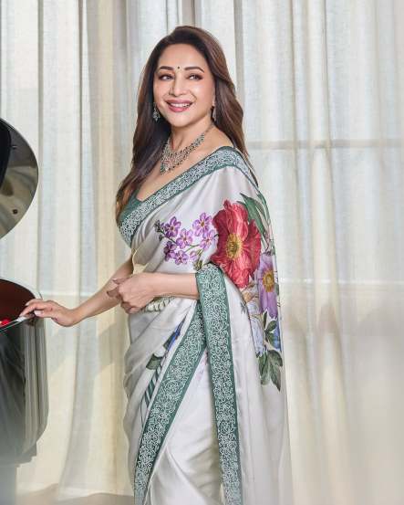 Bollywood star Madhuri Dixit shares bold look in grey floral saree on social media