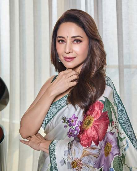 Bollywood star Madhuri Dixit shares bold look in grey floral saree on social media