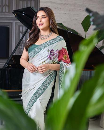 Bollywood star Madhuri Dixit shares bold look in grey floral saree on social media