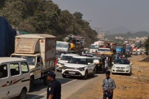 Traffic jam on both lanes due to track closure on highway