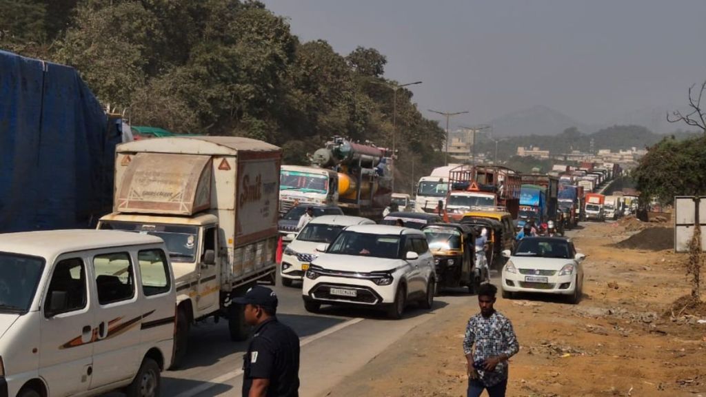 Traffic jam on both lanes due to track closure on highway