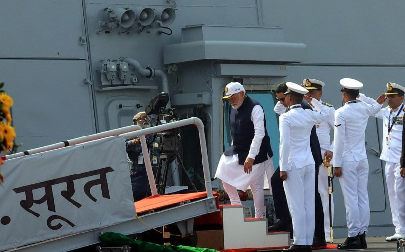 PM. Modi dedicated the three frontline warships Surat, Nilgiri and Vaghsheer to the nation on their commissioning at the Naval Dockyard in Mumbai on Wednesday morning.
