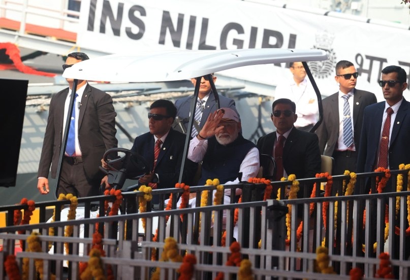 PM. Modi dedicated the three frontline warships Surat, Nilgiri and Vaghsheer to the nation on their commissioning at the Naval Dockyard in Mumbai on Wednesday morning.
