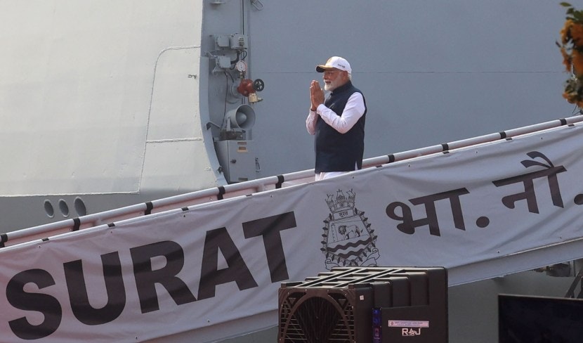 PM. Modi dedicated the three frontline warships Surat, Nilgiri and Vaghsheer to the nation on their commissioning at the Naval Dockyard in Mumbai on Wednesday morning.
