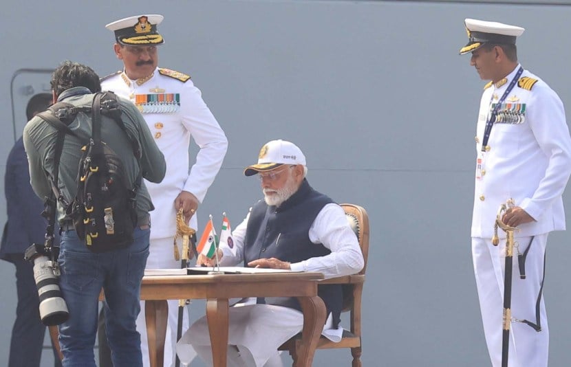 PM. Modi dedicated the three frontline warships Surat, Nilgiri and Vaghsheer to the nation on their commissioning at the Naval Dockyard in Mumbai on Wednesday morning.
