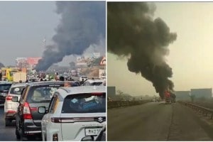 Shivshahi bus caught fire, Pune-Mumbai expressway, passengers ,