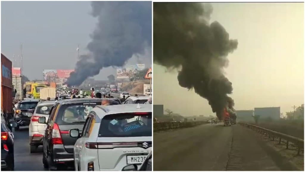 Shivshahi bus caught fire, Pune-Mumbai expressway, passengers ,