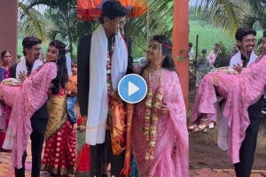 Bride groom video husband picked up his wife while gruhpravesh after wedding newly weds couple video viral on social media