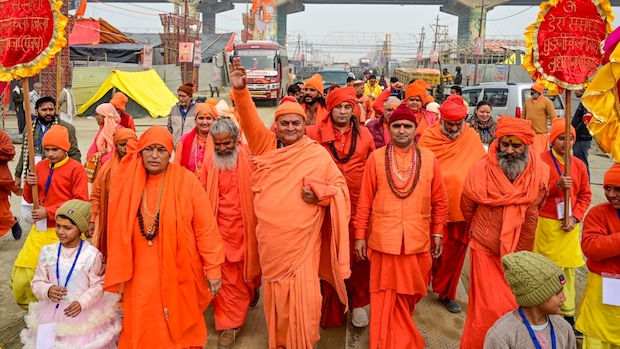 Prayagraj: Sadhus participate in a procession at Sangam ahead of the Maha Kumbh Mela. (PTI Photo)