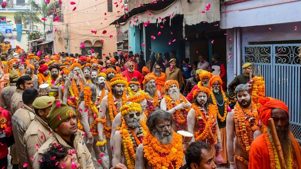 Prayagraj: Sadhus of Shree Mahanirvani Akhada take part in the Chavni Pravesh, the royal entry procession for the Maha Kumbh Mela, towards Sangam in Uttar Pradesh. (PTI Photo)