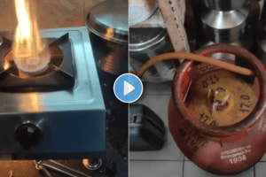 Gas cylinder empty mistake gas stove catches fire shocking video viral on social media