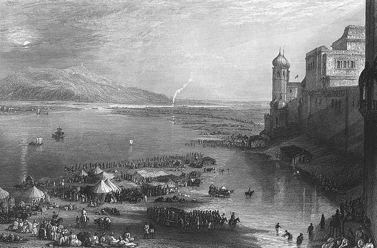 Haridwar Kumbh Mela by the English painter J. M. W. Turner. Steel engraving, c. 1850s.