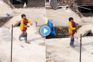 Makar Sankranti 2025 Funny video of a kid flying a kite with pants falls down viral video