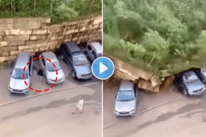 Shocking video of wall collapsed on car man decision saved damage viral video on social media