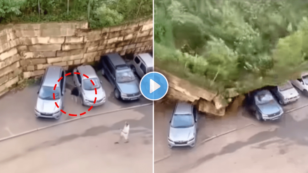 Shocking video of wall collapsed on car man decision saved damage viral video on social media