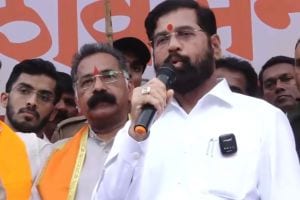 Eknath Shinde addressing the media, criticizing Uddhav Thackeray’s leadership while Rajan Salvi joins Shiv Sena.