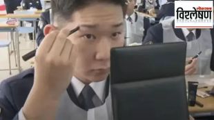 Japanese male police officers taking make up lessons