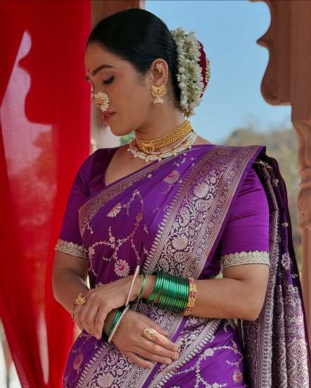 Meenakshi Rathod Purple Banarasi Shalu Saree