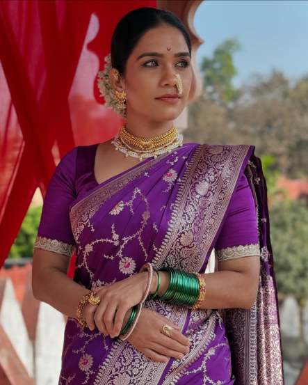 Meenakshi Rathod Purple Banarasi Shalu Saree