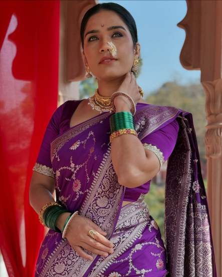 Meenakshi Rathod Purple Banarasi Shalu Saree